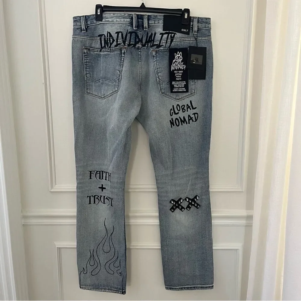 Cult of Individuality Rocker Slim Distressed‎ Jeans Rips Studs Ink, 40x33 NWT